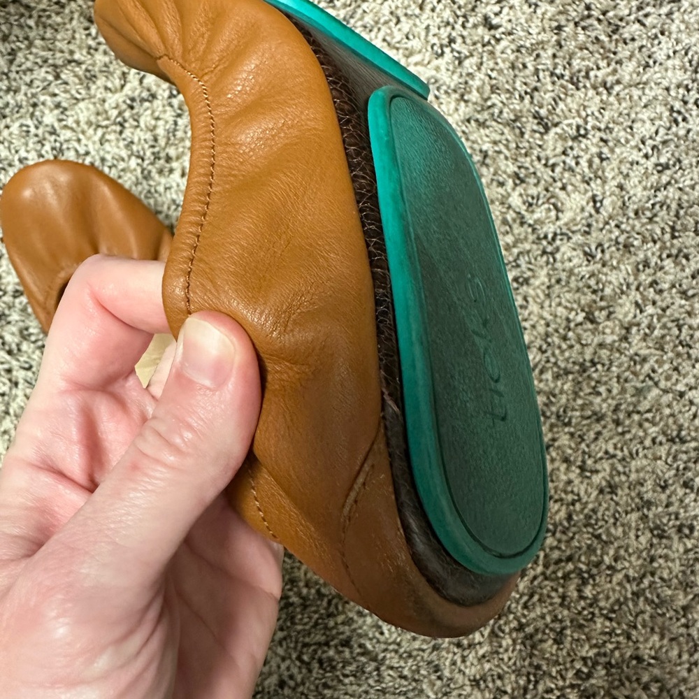 Tieks Tan Leather Ballet Flats with Teal Stripe - Picture 3 of 4